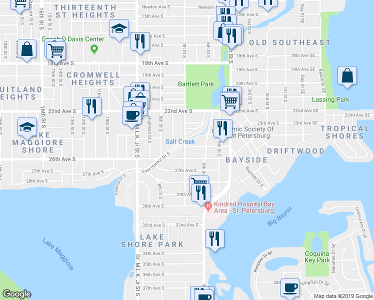 map of restaurants, bars, coffee shops, grocery stores, and more near 680 25th Avenue South in St. Petersburg