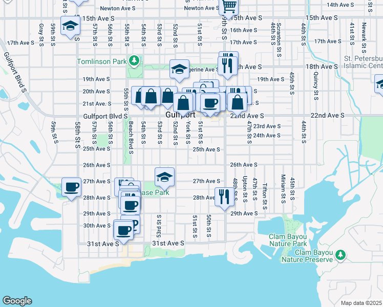 map of restaurants, bars, coffee shops, grocery stores, and more near 2518 York Street South in Gulfport