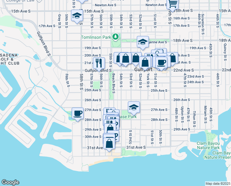 map of restaurants, bars, coffee shops, grocery stores, and more near 2501 54th Street South in Gulfport