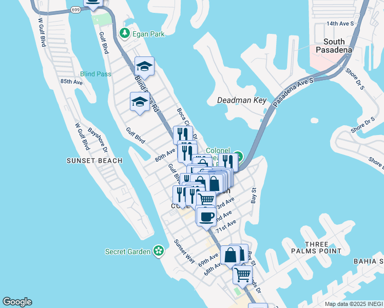 map of restaurants, bars, coffee shops, grocery stores, and more near 7859A Blind Pass Road in St. Pete Beach