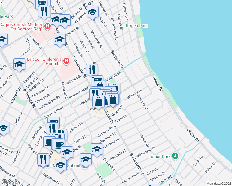 map of restaurants, bars, coffee shops, grocery stores, and more near 356 Doddridge Street in Corpus Christi