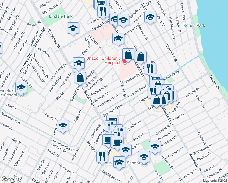 map of restaurants, bars, coffee shops, grocery stores, and more near 910 Cunningham Street in Corpus Christi