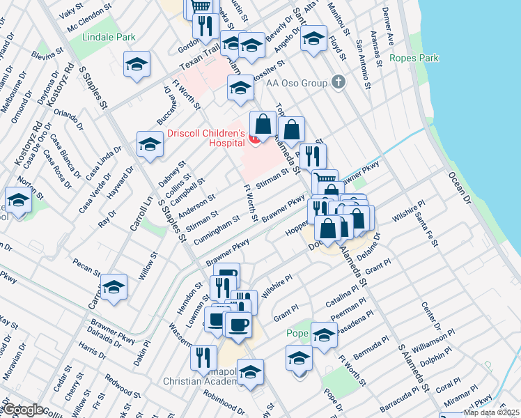 map of restaurants, bars, coffee shops, grocery stores, and more near 623 Cunningham Street in Corpus Christi