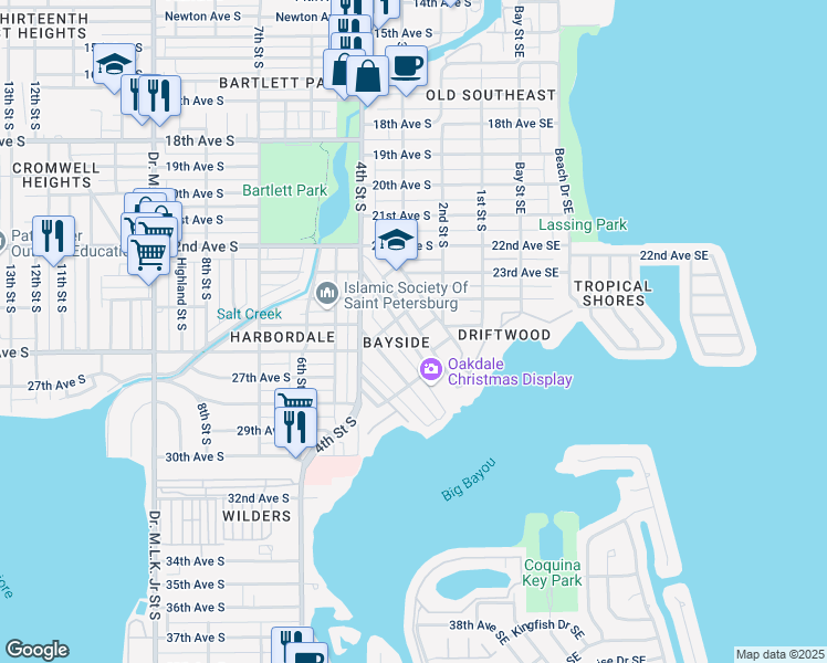 map of restaurants, bars, coffee shops, grocery stores, and more near 2538 Oakdale Street South in St. Petersburg