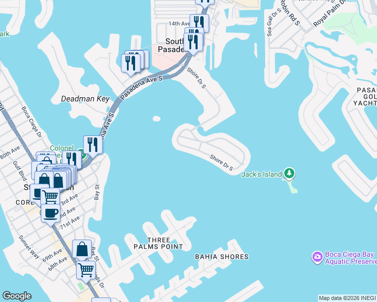 map of restaurants, bars, coffee shops, grocery stores, and more near 7108 South Shore Drive South in South Pasadena