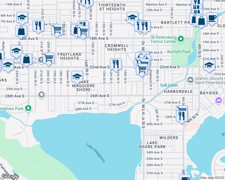 map of restaurants, bars, coffee shops, grocery stores, and more near 2514 12th Street South in Saint Petersburg
