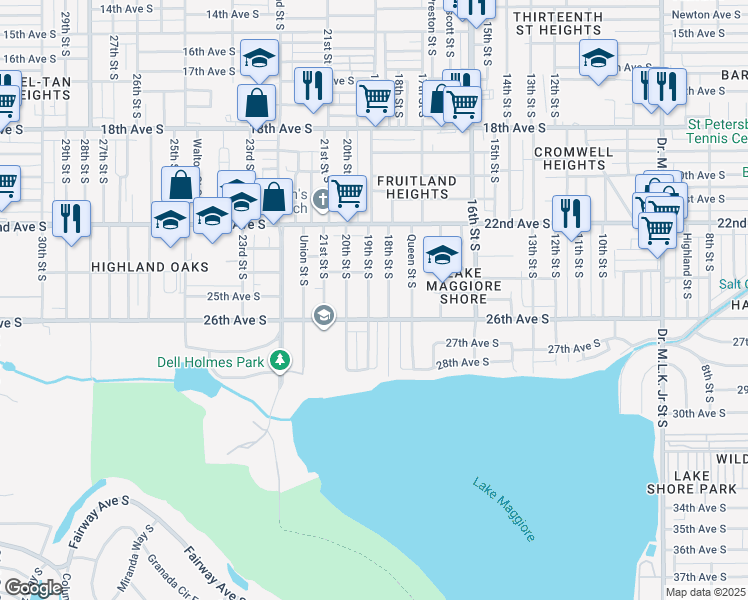 map of restaurants, bars, coffee shops, grocery stores, and more near 2520 19th Street South in Saint Petersburg