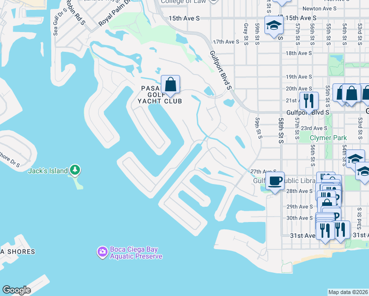 map of restaurants, bars, coffee shops, grocery stores, and more near 2775 Kipps Colony Drive South in Gulfport