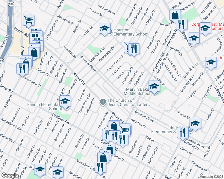map of restaurants, bars, coffee shops, grocery stores, and more near 2929 Brawner Parkway in Corpus Christi