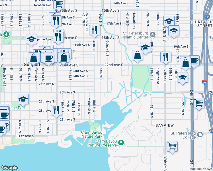 map of restaurants, bars, coffee shops, grocery stores, and more near 2477 Quincy Street South in St. Petersburg