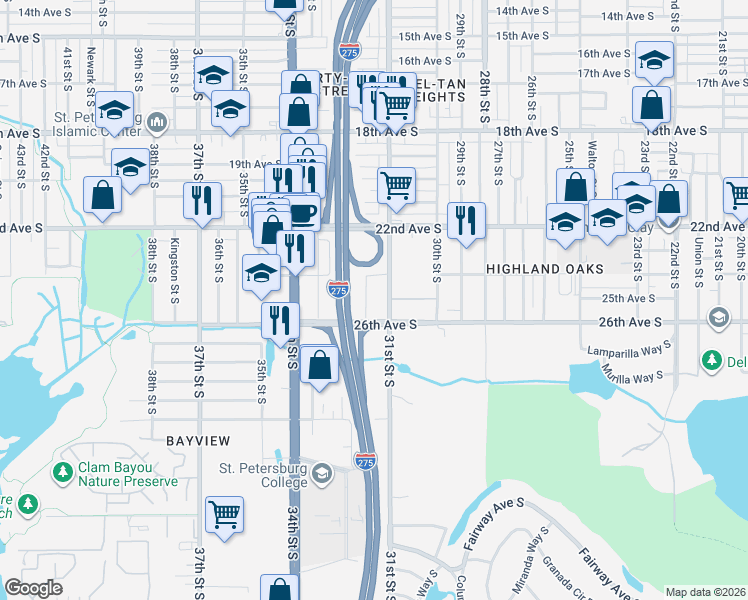 map of restaurants, bars, coffee shops, grocery stores, and more near 2511 31st Street South in St. Petersburg