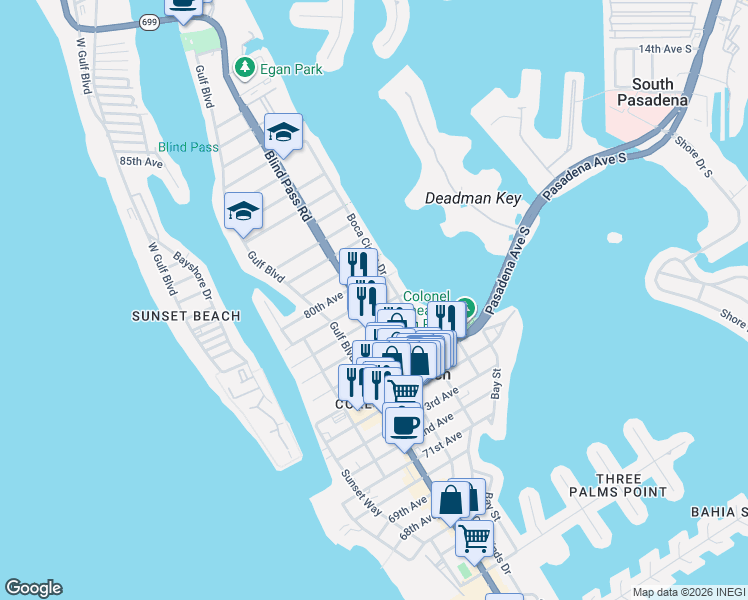 map of restaurants, bars, coffee shops, grocery stores, and more near in Treasure Island