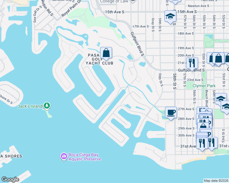 map of restaurants, bars, coffee shops, grocery stores, and more near 2775 Kipps Colony Drive East in Gulfport