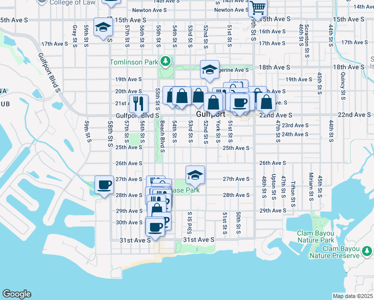 map of restaurants, bars, coffee shops, grocery stores, and more near 4715 26th Avenue South in Gulfport
