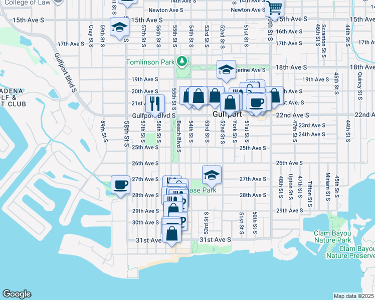 map of restaurants, bars, coffee shops, grocery stores, and more near 2501 54th Street South in Gulfport