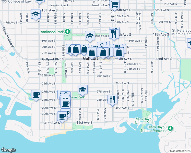 map of restaurants, bars, coffee shops, grocery stores, and more near 2518 York Street South in Gulfport