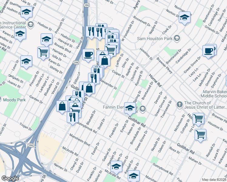 map of restaurants, bars, coffee shops, grocery stores, and more near 4410 Dinn Street in Corpus Christi