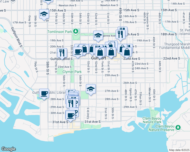 map of restaurants, bars, coffee shops, grocery stores, and more near 5202 25th Avenue South in Gulfport