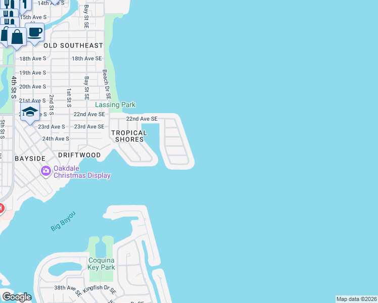 map of restaurants, bars, coffee shops, grocery stores, and more near 2580 East Bay Isle Drive Southeast in St. Petersburg