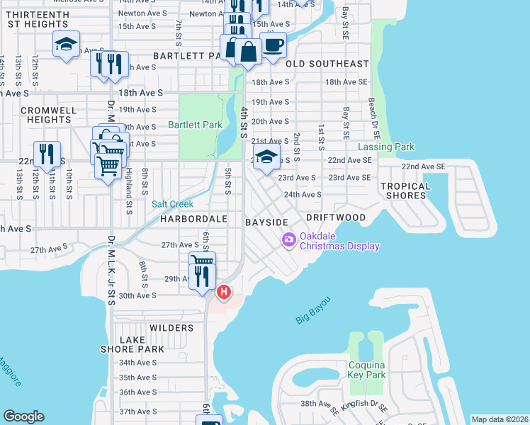map of restaurants, bars, coffee shops, grocery stores, and more near 2522 Bayside Drive South in St. Petersburg