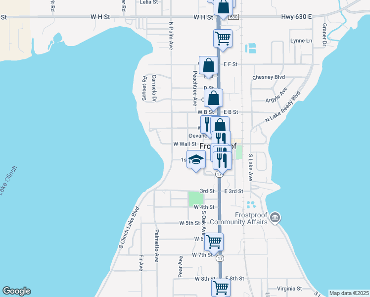 map of restaurants, bars, coffee shops, grocery stores, and more near 12 South Magnolia Avenue in Frostproof