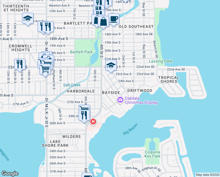 map of restaurants, bars, coffee shops, grocery stores, and more near 2522 Bayside Drive South in St. Petersburg