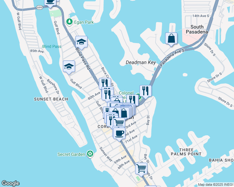 map of restaurants, bars, coffee shops, grocery stores, and more near 7740 Boca Ciega Drive in St. Pete Beach
