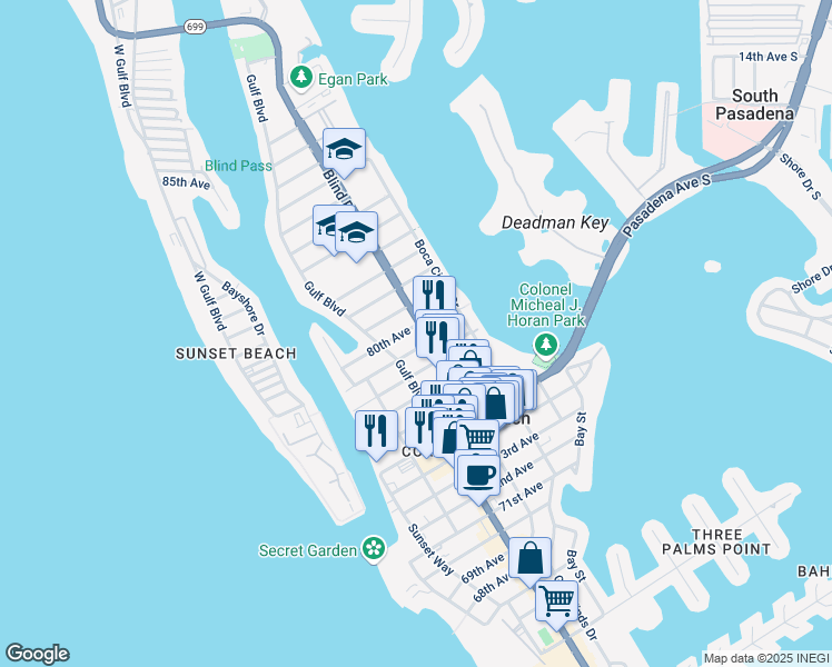 map of restaurants, bars, coffee shops, grocery stores, and more near 7859A Blind Pass Road in St. Pete Beach
