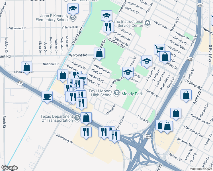 map of restaurants, bars, coffee shops, grocery stores, and more near 4806 Blackjack Place in Corpus Christi