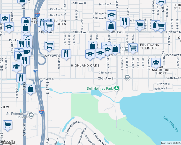 map of restaurants, bars, coffee shops, grocery stores, and more near 2499 25th Street South in St. Petersburg