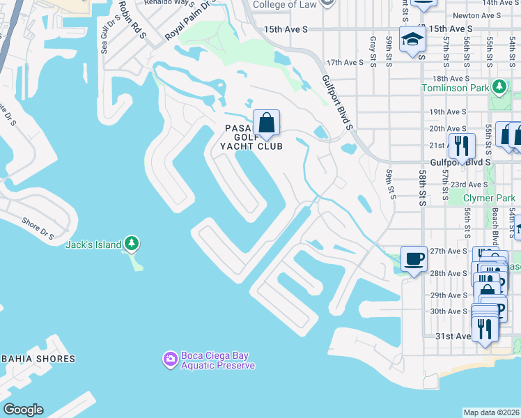 map of restaurants, bars, coffee shops, grocery stores, and more near 6103 Pasadena Point Boulevard South in Gulfport