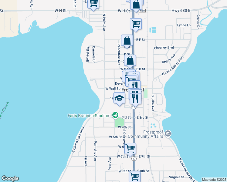 map of restaurants, bars, coffee shops, grocery stores, and more near 203 West Wall Street in Frostproof