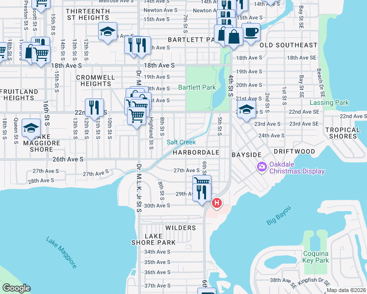 map of restaurants, bars, coffee shops, grocery stores, and more near 2501 7th Street South in Saint Petersburg