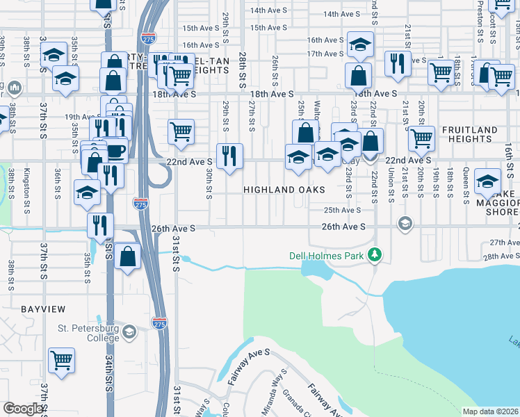 map of restaurants, bars, coffee shops, grocery stores, and more near 2511 Auburn Street South in St. Petersburg