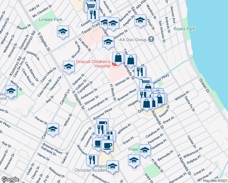 map of restaurants, bars, coffee shops, grocery stores, and more near 623 Cunningham Street in Corpus Christi