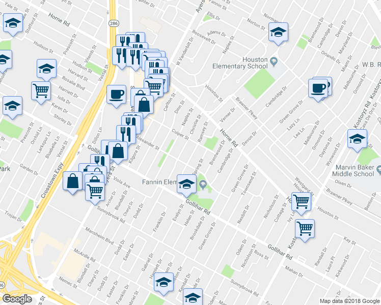 map of restaurants, bars, coffee shops, grocery stores, and more near 4317 Ramsey Street in Corpus Christi