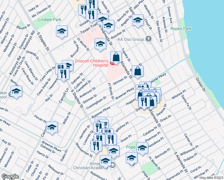 map of restaurants, bars, coffee shops, grocery stores, and more near 623 Cunningham Street in Corpus Christi