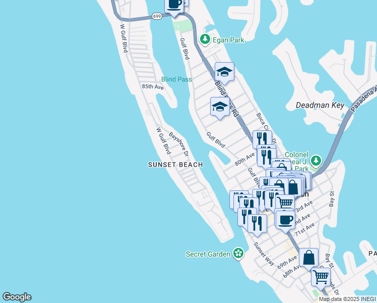 map of restaurants, bars, coffee shops, grocery stores, and more near 8101 Bayshore Drive in Treasure Island
