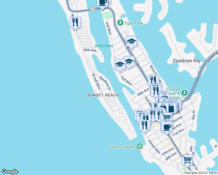 map of restaurants, bars, coffee shops, grocery stores, and more near 7 82nd Avenue in Treasure Island