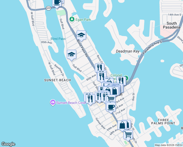 map of restaurants, bars, coffee shops, grocery stores, and more near 440 80th Avenue in St. Pete Beach