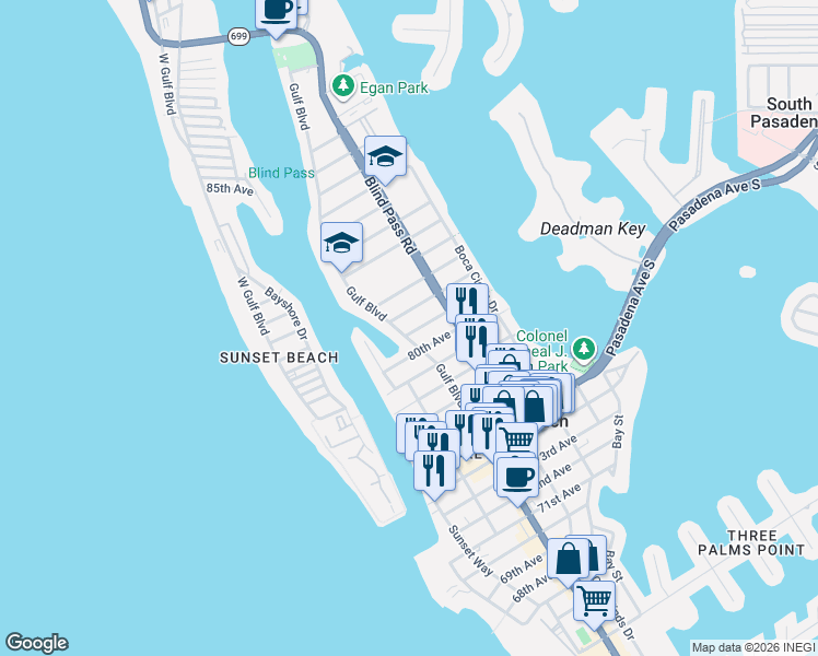 map of restaurants, bars, coffee shops, grocery stores, and more near 469 80th Way in St. Pete Beach