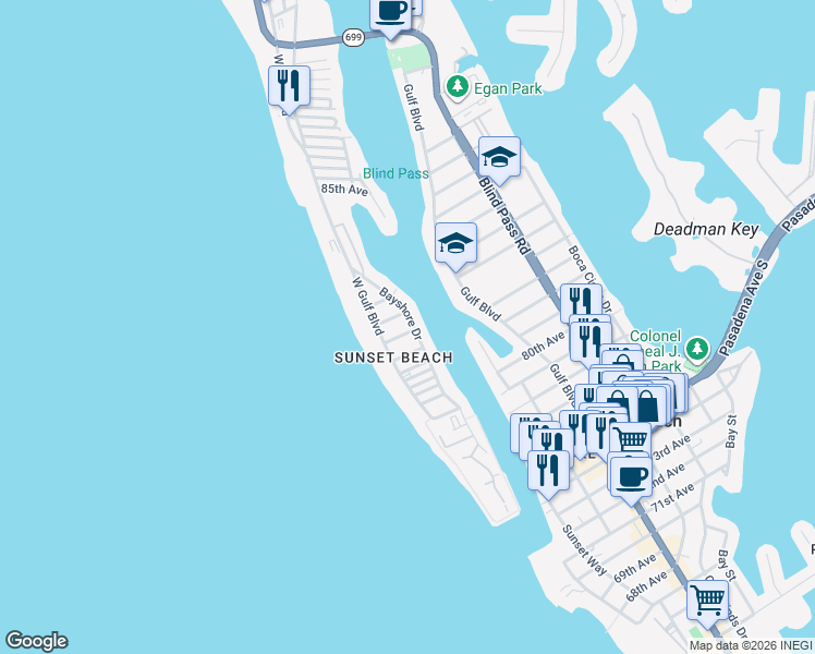 map of restaurants, bars, coffee shops, grocery stores, and more near 8200 Bayshore Drive in Treasure Island