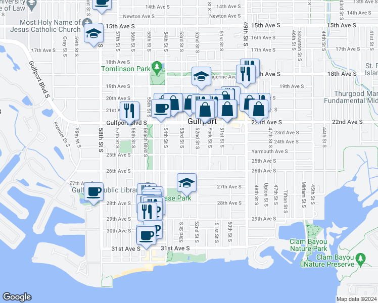 map of restaurants, bars, coffee shops, grocery stores, and more near 5202 25th Avenue South in Gulfport