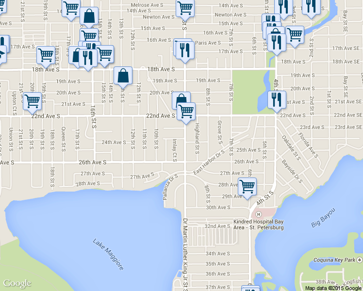 map of restaurants, bars, coffee shops, grocery stores, and more near 2508 Imlay Court South in St. Petersburg