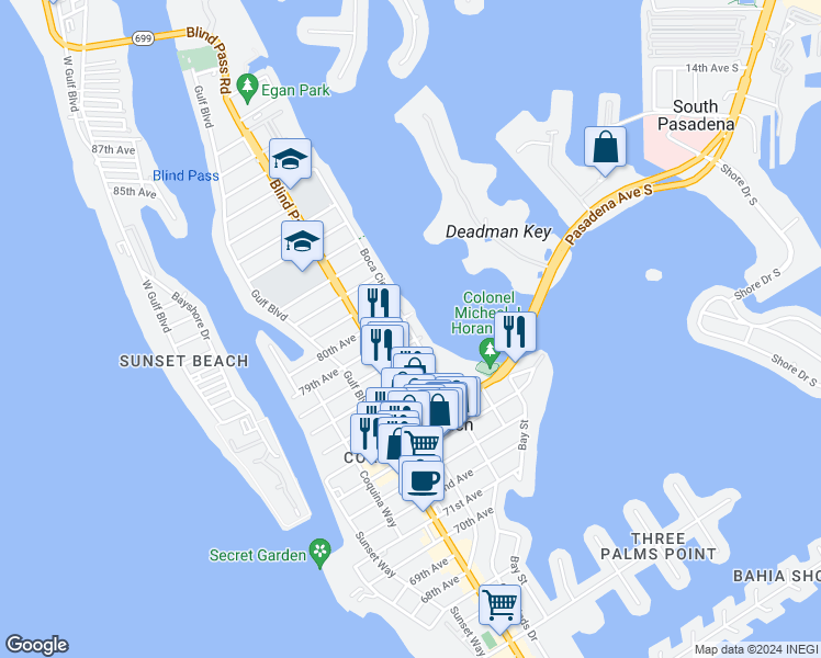 map of restaurants, bars, coffee shops, grocery stores, and more near 7740 Boca Ciega Drive in St. Pete Beach