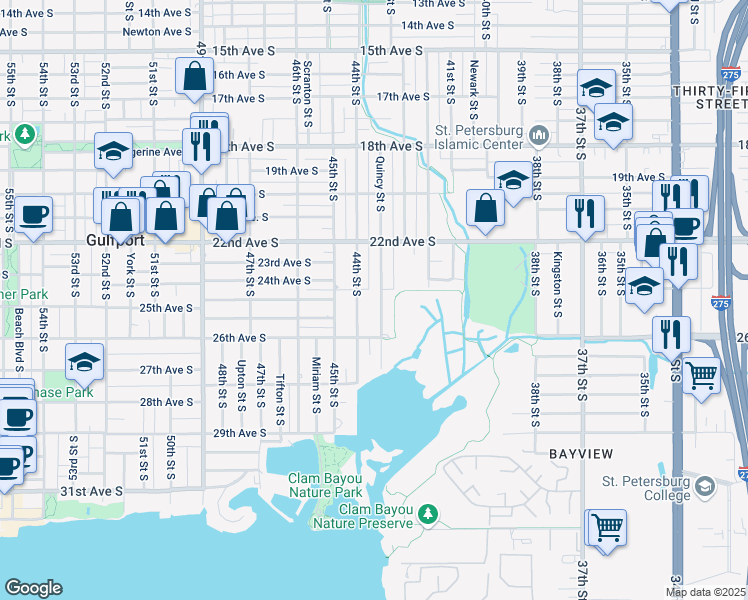 map of restaurants, bars, coffee shops, grocery stores, and more near 2477 Quincy Street South in St. Petersburg