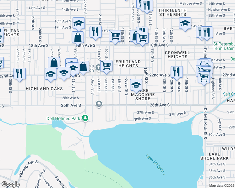 map of restaurants, bars, coffee shops, grocery stores, and more near 2520 19th Street South in St. Petersburg