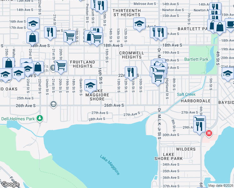 map of restaurants, bars, coffee shops, grocery stores, and more near 2500 14th Street South in St. Petersburg