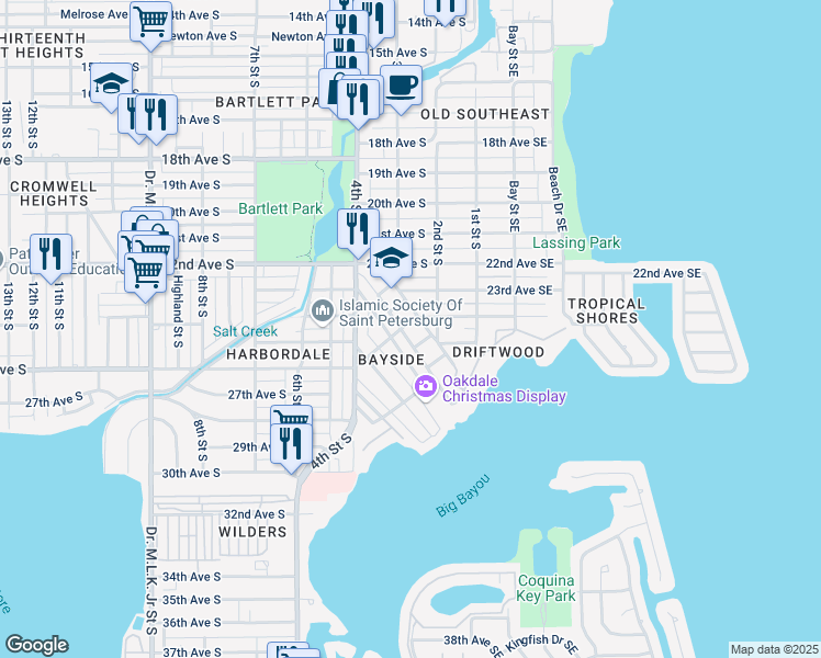 map of restaurants, bars, coffee shops, grocery stores, and more near 2538 Oakdale Street South in St. Petersburg