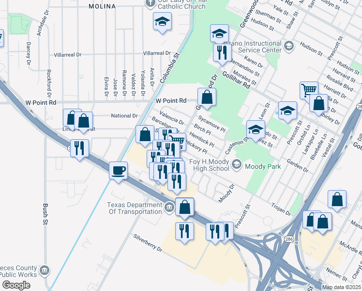 map of restaurants, bars, coffee shops, grocery stores, and more near 1621 Bois D Arc Place in Corpus Christi